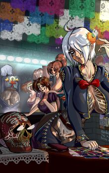 3girls angel_(kof) ass blue_eyes bodypaint breasts costume curvy female_focus huge_breasts jabeloart jaestar jaestarj large_breasts mirror multiple_girls pale_skin shiranui_mai short_hair the_king_of_fighters thick_thighs thighs white_hair yuri_sakazaki