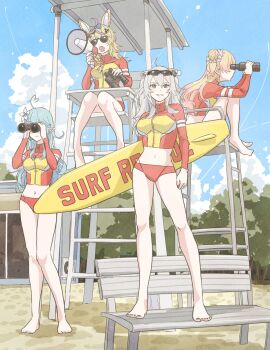Rule 34 | 4girls, ahoge, alternate costume, animal ear fluff, animal ears, bare legs, barefoot, beach, bench, bikini, bikini bottom only, binoculars, black hair, black nails, blonde hair, blue hair, blue nails, blue sky, braid, breasts, cloud, cloudy sky, colored tips, commentary, contrail, day, double-parted bangs, expressionless, eyewear on head, flower, fox ears, fox girl, full body, grey hair, grin, hair bun, hair flower, hair ornament, hair over shoulder, hairclip, heart, heart ahoge, highres, holding, holding binoculars, holding megaphone, holding surfboard, hololive, knees together feet apart, lifeguard, lifeguard tower, light blue hair, lion girl, long hair, long sleeves, medium breasts, megaphone, midriff, momosuzu nene, multicolored hair, multiple girls, nail polish, navel, nepolabo, omaru polka, open mouth, outdoors, pink hair, rash guard, red bikini, shishiro botan, sidelocks, single braid, sitting, skin tight, sky, smile, standing, streaked hair, sunglasses, surfboard, swimsuit, tauyoshi728, toenail polish, toenails, tree, two-tone hair, virtual youtuber, yukihana lamy, zipper pull tab