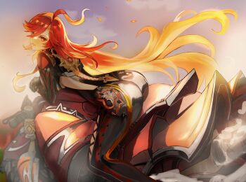 1girl absurdres ass black_bodysuit bodysuit genshin_impact hashtag-only_commentary highres looking_at_viewer mavuika_(genshin_impact) motor_vehicle motorcycle multicolored_eyes multicolored_hair orange_eyes orange_hair red_eyes red_hair sevenninet47503 smile solo