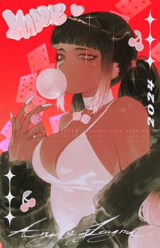 1girl 2024 20s absurdres bare_shoulders between_fingers black_coat black_hair blowing_bubble_gum blowing_bubbles blunt_bangs breasts card character_name cherry chewing_gum choker cleavage coat commentary dice dice_necklace dress ear_piercing english_commentary food food-themed_hair_ornament fruit fur_coat gummy_bear_hair_ornament hair_ornament heart highres holding jewelry large_breasts long_hair looking_at_viewer low_twintails necklace nxctes off-shoulder_coat off_shoulder original piercing pink_pupils playing_card poker_chip red_background sidelocks sleeveless sleeveless_dress solo sparkle twintails upper_body white_choker white_dress