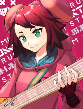 1girl absurdres character_name closed_mouth eriott fingerless_gloves gloves green_eyes guitar highres holding holding_guitar holding_instrument hood hood_up hoodie instrument mega_man_(series) mega_man_star_force_(series) pink_hoodie red_hair short_hair smile solo sonia_strumm_(mega_man) source_request star-shaped_pupils star_(symbol) symbol-shaped_pupils twitter_username upper_body