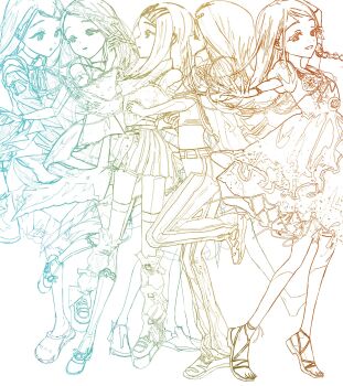 1girl braid comiket_107 commentary_request contrast_(idolmaster) dancing dress from_side full_body gakuen_idolmaster highres idolmaster koukei_(idolmaster) kyafu long_hair looking_at_viewer multiple_monochrome multiple_views profile sandals shinosawa_hiro skirt smile sunfaded_(idolmaster) walking