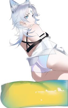 1girl absurdres animal_ear_fluff animal_ears ass bare_shoulders blue_eyes blue_gem closed_mouth commentary cowboy_shot detached_sleeves forehead_jewel from_behind gem highres indie_virtual_youtuber ligod long_hair looking_at_viewer looking_back luciwuzi_(vtuber) one-piece_swimsuit simple_background slit_pupils snow_leopard_ears snow_leopard_girl snow_leopard_tail solo swimsuit thighs virtual_youtuber white_background white_hair white_one-piece_swimsuit white_sleeves