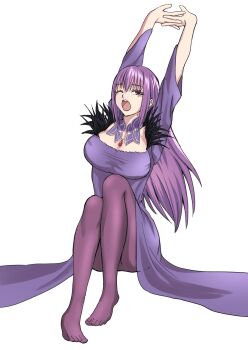 1girl arms_up black_feathers breasts cleavage collar detached_collar dress fate/grand_order fate_(series) feather-trimmed_dress feather_trim feathers full_body gem hair_between_eyes highres jewelry knees_together_feet_apart knees_up large_breasts long_hair long_sleeves looking_at_viewer low_neckline no_headwear no_shoes off-shoulder_dress off_shoulder one_eye_closed open_mouth outstretched_arms own_hands_together pantyhose pendant purple_collar purple_dress purple_hair purple_pantyhose red_eyes red_gemstone scathach_(fate) scathach_skadi_(fate) scathach_skadi_(first_ascension)_(fate) sidelocks simple_background sitting solo stretching taut_clothes taut_dress una_una_6 v-bangs white_background yawning