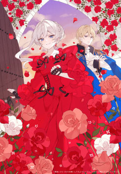 1boy 1girl black_gloves blonde_hair blue_eyes dress earrings fingerless_gloves gloves grey_hair highres jewelry julius_von_palistan long_hair looking_at_viewer red_dress saigo_ni_hitotsu_dake_onegai_shite_mo_yoroshii_deshou_ka satsuki_(miicat) scarlet_el_vandimion short_hair smile