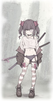 1girl arms_at_sides black_hair black_panties blunt_bangs bow bow_legwear brown_cardigan brown_shoes cardigan closed_mouth collarbone commentary_request crop_top cropped_shirt dot_nose expressionless eyepatch fallenshadow full_body hair_bow hair_ornament highres indie_virtual_youtuber katana knife long_sleeves medical_eyepatch medium_hair midriff muted_color navel off-shoulder_shirt off_shoulder one_eye_covered panties petite pettan_(zeez4743) red_bow sheath sheathed shirt shoes sleeves_past_wrists solo split_mouth standing striped_clothes striped_thighhighs sword thigh_strap thighhighs twintails underwear variant_set virtual_youtuber weapon white_shirt x_hair_ornament