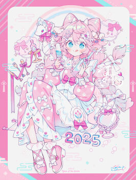 Rule 34 | 1girl, 2025, :q, apron, blue eyes, blush, bonnet, border, bottle, braid, cake, champagne flute, cloud, commentary, cone hair bun, cup, drinking glass, egasumi, food, fork, full body, hair bun, highres, japanese clothes, kimono, knife, long hair, looking at viewer, mirror, original, pink background, pink hair, pink kimono, pink ribbon, pink shoes, pink theme, polka dot, polka dot kimono, ribbon, shoes, smile, snake, socks, solo, spoon, tail, tail ornament, tail ribbon, tongue, tongue out, uekura eku, watermark, white apron, white background, white socks