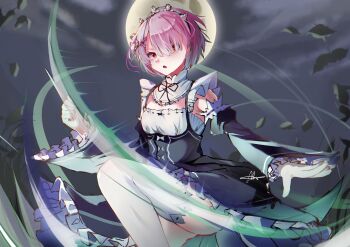 1girl absurdres blush clenched_hand cropped_legs dress flat_chest frilled_dress frills full_moon gloves hair_between_eyes hair_ornament highres leaf lichael looking_at_viewer maid moon night night_sky one_eye_covered open_mouth outdoors pink_hair ram_(re:zero) re:zero_kara_hajimeru_isekai_seikatsu re:zero_kara_hajimeru_isekai_seikatsu:_lost_in_memories red_eyes short_hair skirt sky solo standing standing_on_one_leg thighhighs wind