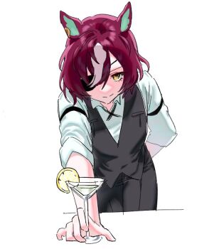 &gt;:) 1girl animal_ears baejimile black_pants black_vest brown_eyes closed_mouth cocktail_glass collared_shirt commentary_request cup drink drinking_glass eyepatch food fruit hair_over_one_eye horse_ears korean_commentary lemon lemon_slice long_sleeves looking_at_viewer multicolored_hair pants purple_hair shirt simple_background smile solo tanino_gimlet_(umamusume) two-tone_hair umamusume v-shaped_eyebrows vest white_background white_hair white_shirt