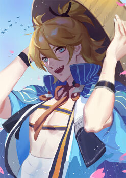 1boy armband blue_eyes blue_sky commentary_request eyelashes fangs hair_between_eyes japanese_clothes light_particles looking_at_viewer male_focus ncww_rinichi open_mouth pectorals petals ponytail sandogasa short_hair sky solo touken_ranbu upper_body urashima_kotetsu