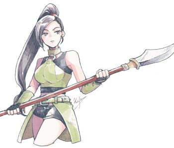 Rule 34 | 1girl, artist name, black gloves, black hair, black shorts, breasts, brown eyes, choker, cowboy shot, crop top, cropped legs, detached sleeves, dragon quest, dragon quest xi, fingerless gloves, gloves, green choker, green shirt, green skirt, green sleeves, halterneck, holding, holding polearm, holding weapon, large breasts, long hair, martina (dq11), michibata 65, midriff, o-ring, o-ring top, parted lips, polearm, ponytail, shirt, shorts, showgirl skirt, skirt, solo, swept bangs, weapon, white background