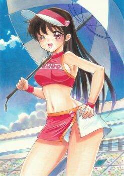 1girl 1990s_(style) armpits bare_shoulders blue_sky blush breasts brown_eyes brown_hair clothes_writing cloud cowboy_shot crop_top future_gpx_cyber_formula halterneck high_collar highres long_hair looking_at_viewer medium_breasts microskirt midriff miniskirt one_eye_closed open_mouth panties pantyshot race_queen racetrack sideboob skirt sky smile sugou_asuka tomoeri traditional_media umbrella underwear very_long_hair visor_cap wink