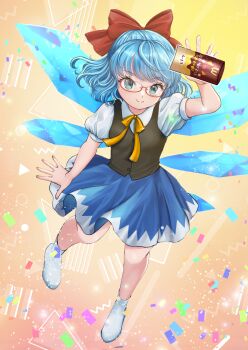 Rule 34 | 1girl, bespectacled, black vest, blue bow, blue eyes, blue hair, blue skirt, boots, bow, cirno, closed mouth, collared shirt, commentary request, confetti, detached wings, glasses, hair bow, highres, holding, ice, ice wings, kyabekko, looking at viewer, mcdonald's, puffy short sleeves, puffy sleeves, red-framed eyewear, shirt, short sleeves, skirt, smile, solo, touhou, vest, white boots, white shirt, wings
