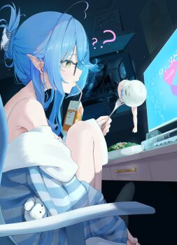 1girl ? ?? absurdres ahoge armpit_crease at_computer bare_shoulders blue_hair blue_jacket bowl breasts chair commentary_request confetti drink_carton drinking drinking_straw edge_ill fork from_side glasses heart heart_ahoge highres holding holding_fork hololive jacket jacket_partially_removed juice_box knees_up long_hair monitor official_alternate_costume parted_lips pointy_ears profile sitting solo striped_clothes striped_jacket virtual_youtuber yellow_eyes yukihana_lamy yukihana_lamy_(roomwear) yukimin_(yukihana_lamy)