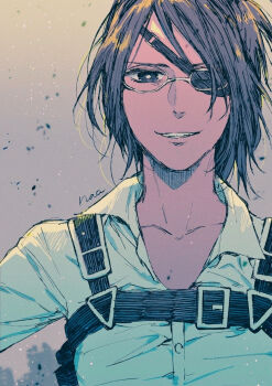 1girl black_eyes black_hair commentary_request eyepatch glasses hange_zoe highres looking_at_viewer military_uniform one_eye_covered sakuragawanaa shingeki_no_kyojin shirt short_hair signature smile solo teeth white_shirt