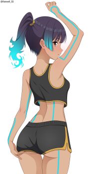 1girl absurdres arm_up artist_name ass bare_arms bare_shoulders black_hair black_shorts black_tank_top body_markings breasts brown_eyes commentary commission cowboy_shot crop_top dolphin_shorts fiery_hair from_behind gradient_hair highres looking_at_viewer looking_back midriff multicolored_hair parted_lips ponytail roswell_ss sena_(xenoblade) shorts simple_background small_breasts solo tank_top twitter_username white_background xenoblade_chronicles_(series) xenoblade_chronicles_3