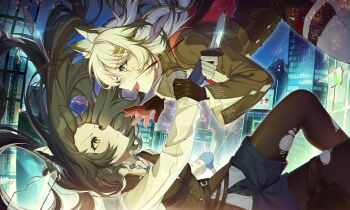 2girls absurdres animal_ears arknights black_hair black_shirt black_shorts black_vest brown_pantyhose cityscape dagger falling fang floating_hair green_eyes hair_ornament hairclip highres holding holding_another&#039;s_wrist holding_dagger holding_knife holding_weapon knife lappland_(arknights) lappland_the_decadenza_(arknights) long_sleeves looking_at_another midair multiple_girls open_mouth pantyhose pekoku_(tamago_sushi) scar scar_across_eye scar_on_face shirt shorts smile texas_(arknights) texas_the_omertosa_(arknights) torn_clothes torn_pantyhose v-shaped_eyebrows vest weapon white_hair white_shirt wolf_ears yellow_eyes