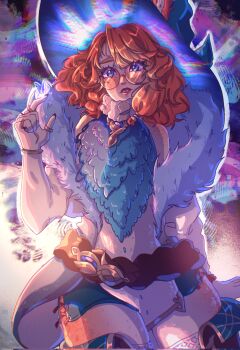 1girl alune_(alunetrashpanda) animal_ears aurora_(league_of_legends) bare_shoulders blue_eyes blue_hat body_freckles bracelet colorful_background commentary corrupted_twitter_file cowboy_shot ears_through_headwear english_commentary freckles fur_trim glasses hand_up hat highres jewelry league_of_legends multiple_rings orange_hair parted_lips rabbit_ears rabbit_girl ring round_eyewear shoulder_freckles solo tooth_gap uneven_bangs