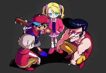 Rule 34 | 1girl, 3boys, alternate costume, ana (mother), baseball bat, black background, black eyes, black hair, blonde hair, blood, bloody weapon, blue eyes, blue jacket, blue shoes, brown pants, cigarette, commentary, freckles, frown, glasses, grin, hands in pockets, highres, holding, holding baseball bat, holding cigarette, jacket, lloyd (mother), mother (series), mother 1, multiple boys, muscular, muscular male, nail (hardware), nail bat, ninten, nintendo, open clothes, open jacket, pants, pink skirt, pleated skirt, pompadour, red eyes, red jacket, red scarf, red shirt, red shoes, scarf, shirt, shoes, short hair, shorts, skirt, sleeveless, sleeveless shirt, smile, squatting, sunglasses, teddy (mother), tongue, tongue out, twintails, user zpnu2438, v-shaped eyebrows, weapon, white hair, yellow pants