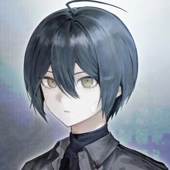 1boy ahoge black_hair black_shirt brown_eyes collared_shirt commentary_request danganronpa_(series) danganronpa_v3:_killing_harmony expressionless eyelashes hair_between_eyes jacket korean_commentary male_focus nuns197 parted_lips portrait saihara_shuichi shirt short_hair simple_background solo turtleneck turtleneck_shirt undershirt