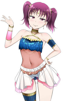 1girl arabian_clothes armpits artist_request bare_shoulders belly_dancer bikini bikini_bottom blue_bikini breasts choker collarbone earrings hair_ornament highres jewelry kazuno_leah love_live! love_live!_sunshine!! purple_eyes purple_hair simple_background small_breasts smile solo swimsuit tagme tongue tongue_out twintails underboob