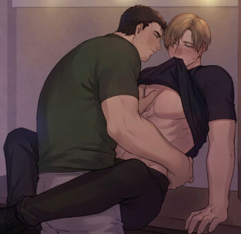 2boys black_pants black_shirt black_shoes blonde_hair blush brown_hair chris_redfield clothes_in_mouth clothes_lift commentary_request dbox_2525 green_shirt grey_pants hair_between_eyes hand_on_another's_chest hand_on_another's_waist hand_under_clothes hand_under_shirt highres leg_lock leon_s._kennedy mouth_hold multiple_boys muscular muscular_male pants parted_bangs resident_evil resident_evil_4 resident_evil_5 shirt shirt_in_mouth shirt_lift shoes short_hair sweat upper_body yaoi