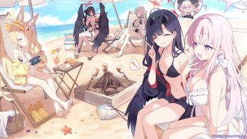 Rule 34 | !, <|> <|>, 6+girls, ?, animal ear fluff, animal ears, bare arms, bare legs, bare shoulders, barefoot, beach, beach umbrella, belt, bikini, black bikini, black hair, black hat, black one-piece swimsuit, black sandals, black shirt, black shorts, black wings, blonde hair, blue archive, blue sky, blush, breasts, cleavage, closed eyes, closed mouth, cloud, commentary request, copyright logo, copyright name, copyright notice, crazy straw, crossed legs, cup, day, drinking straw, english text, eyewear on head, feathered wings, food, fox ears, fox girl, fox tail, frilled bikini, frills, fruit, grin, hair behind ear, hair bun, hair over one eye, halo, hand up, handheld game console, hasumi (blue archive), hasumi (swimsuit) (blue archive), hat, head wings, heart, heart straw, highleg, highleg bikini, highleg one-piece swimsuit, highres, holding, holding cup, holding handheld game console, holding plate, horizon, ichika (blue archive), ichika (swimsuit) (blue archive), koharu (blue archive), large breasts, logo, long bangs, long hair, looking at another, looking at viewer, low wings, marshmallow, mika (blue archive), mika (swimsuit) (blue archive), misyune, multiple girls, nagisa (blue archive), nagisa (swimsuit) (blue archive), navel, ocean, official alternate costume, official alternate hairstyle, official art, one-piece swimsuit, open fly, open mouth, orange (fruit), orange slice, outdoors, parfait, pink eyes, pink hair, plate, purple halo, red eyes, red halo, roasted marshmallow, sandals, second-party source, seia (blue archive), seia (swimsuit) (blue archive), shirt, shorts, side ponytail, sitting, sky, small breasts, smile, spoken character, spoken exclamation mark, stomach, sunglasses, swimsuit, tail, teacup, twintails, umbrella, unworn sandals, visor cap, white bikini, white one-piece swimsuit, white sandals, white wings, wings, yellow eyes, yellow halo, yellow sandals