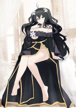 1girl absurdres antenna_hair azur_lane bare_shoulders black_eyes black_hair breasts cleavage commentary_request detached_collar dress flower frilled_dress frills fubuki_(senran_kagura) full_body hair_flower hair_ornament highres looking_at_viewer senran_kagura sitting solo suo_bu_ye_feng underboob white_flower