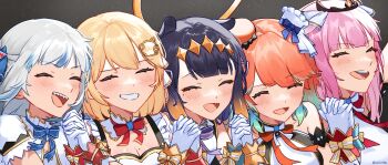 Rule 34 | 5girls, animal ears, black hair, blue bow, blue bowtie, blue streaks, blunt bangs, blush, bow, bowtie, cat ears, center-flap bangs, color-coded, commentary, diamond hairband, dutch angle, english commentary, fang, gawr gura, gloves, gradient hair, green hair, grey hair, grin, hair ornament, halo, hat, highres, hololive, hololive english, hololive idol uniform (origin), holomyth, idol clothes, long hair, love live!, love live! school idol festival, mini hat, mole, mole under eye, mori calliope, multicolored hair, multiple girls, multiple hats, ninomae ina'nis, official alternate costume, open mouth, orange bow, orange bowtie, orange hair, orange wrist cuffs, orinte, pink hair, purple bow, purple bowtie, red bow, red bowtie, red wrist cuffs, shark hair ornament, sharp teeth, shirt, short sleeves, sidelocks, smile, streaked hair, takanashi kiara, teeth, tentacle hair, tiara, two side up, virtual youtuber, watson amelia, white gloves, white shirt, wrist cuffs