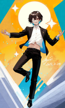 1boy ayiiiyiii bandage_over_one_eye bandaged_neck bandages bandaid bandaid_on_cheek bandaid_on_face belt black_jacket black_pants black_shoes brown_hair bungou_stray_dogs dazai_osamu_(bungou_stray_dogs) highres jacket long_sleeves male_focus midriff navel open_clothes open_mouth open_shirt orange_eyes pants shirt shoes short_hair solo stomach white_shirt