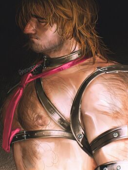 1boy arm_hair artist_name bara beard brown_hair chest_hair commentary english_commentary facial_hair gallagher_(honkai:_star_rail) highres honkai_(series) long_hair looking_to_the_side male_focus messy_hair muscular muscular_male necktie nipples noomppan pectorals red_necktie strap twitter_username upper_body