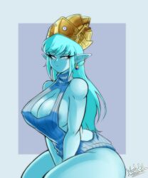Rule 34 | 1girl, :c, absurdres, aeos (dragon ball), areola slip, arms between legs, bare shoulders, blue eyes, blue hair, blue skin, blue sweater, breasts, closed mouth, colored skin, commission, covered erect nipples, dragon ball, dragon ball heroes, earrings, from side, highres, huge breasts, jewelry, long hair, looking at viewer, meme attire, nexx art, pointy ears, potara earrings, signature, simple background, solo, sweater, swept bangs, tiara, turtleneck, turtleneck sweater, virgin killer sweater