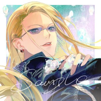 1girl black_dress blonde_hair commission dress earrings eyelashes fishnet_top fishnets glasses glint hair_behind_ear hashtag-only_commentary highres jewelry kaku_(one_piece) kalifa_(one_piece) long_hair looking_at_viewer lucis0407 one_piece parted_lips pearl_earrings rob_lucci sample_watermark smile watermark
