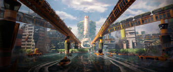 absurdres blue_sky boat building city cloud cloudy_sky commentary day english_commentary felixriano flock highres lake no_humans original outdoors railroad_tracks reflection reflective_liquid robot science_fiction sky solarpunk tower train water watercraft