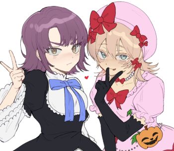 2girls :p :t aqua_eyes beret black_dress black_gloves blonde_hair blue_bow blush bow brown_eyes choker cosplay dress dress_bow elbow_gloves frederica_bernkastel frederica_bernkastel_(cosplay) frilled_sleeves frills gloves hair_between_eyes hair_bow hat heart jack-o&#039;-lantern jack-o&#039;-lantern_ornament jewelry kusunoki_muu lambdadelta lambdadelta_(cosplay) layered_dress looking_at_viewer medium_hair milgram multiple_girls necklace parted_bangs pearl_necklace pink_dress pink_hat pout puffy_short_sleeves puffy_sleeves purple_hair red_bow rei_(milgram) short_hair short_sleeves smile tongue tongue_out upper_body v v_over_mouth white_background wide_sleeves