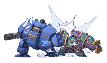 2others absurdres anger_vein chaos_(warhammer) dreadnought_(warhammer_40k) extra_eyes heavy_bolter highres imperium_of_man mecha multiple_others no_humans punching robot rotary_cannon thousand_sons ultramarines walker_(robot) warhammer_40k warhammer_40k:_space_marine white_background yixu_damengde