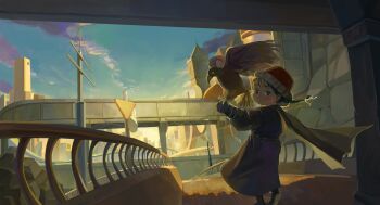 1girl absurdres bird clock clock_tower falcon highres original scenery solo tower w3mew