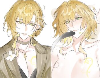 2girls aglaea_(fashion)_(honkai:_star_rail) aglaea_(honkai:_star_rail) alize_w00 bite_mark bite_mark_on_breast blonde_hair blush breasts cat_tail cipher_(honkai:_star_rail) cleavage commentary flower green_eyes hashtag-only_commentary highres honkai:_star_rail honkai_(series) jewelry large_breasts multiple_girls necklace official_alternate_costume short_hair_with_long_locks smile sweat tail white_flower yellow_nails yuri