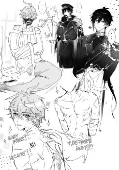 2boys absurdres alternate_costume genshin_impact greyscale hamtaru542899 highres merman monochrome monster_boy mors_gn multiple_boys muzzle_(mask) restrained tartaglia_(genshin_impact) twitter uniform white_background zhongli_(genshin_impact)