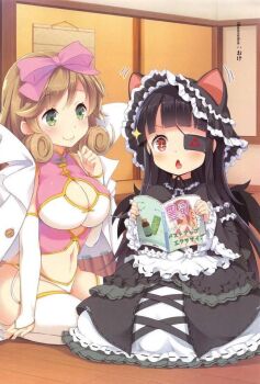 2girls animal_ears artist_request black_hair breasts brown_hair cat_ears cleavage_cutout clothing_cutout coat crop_top dress eyepatch green_eyes haruka_(senran_kagura) large_breasts magazine_(object) mirai_(senran_kagura) multiple_girls senran_kagura sitting thighhighs thong