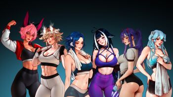 6+girls absurdres ahoge akuma_nihmune animal_ears arthropod_girl bao_(vtuber) black_hair black_sports_bra blonde_hair blue_collar blue_hair blue_sports_bra body_markings breasts cleavage collar commentary commission cropped_jacket demon_horns dolphin_shorts dragon_ears dragon_horns english_commentary facial_mark fake_horns fif_228 gradient_background hair_between_eyes heart heart_ahoge highres horns indie_virtual_youtuber insect_girl jacket jewelry large_breasts lips liquid_hair long_hair looking_at_viewer midriff moth_antennae moth_girl multicolored_hair multiple_girls multiple_horns navel necklace open_clothes open_jacket orca_girl pants pearl_necklace pink_hair purple_eyes purple_hair purple_sports_bra red_eyes sanagi_yuzu second-party_source short_hair shorts shylily sports_bra starry_hair streaked_hair toned toned_female towel trickywi vienna_(vtuber) virtual_youtuber white_hair white_sports_bra yellow_eyes yoga_pants