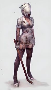 1girl bloober_team blood blood_on_clothes breasts bubble_head_nurse cleavage concept_art faceless faceless_female garter_straps gloves hat high_heels highres industrial_pipe ito_masahiro konami medium_breasts microskirt monster_girl nurse nurse_cap official_art pantyhose remake shadow silent_hill_(series) silent_hill_2 silent_hill_2_(remake) simple_background skirt surgical_gloves weapon white_background