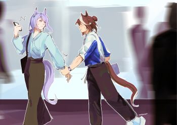 Rule 34 | 2girls, absurdres, animal ears, artist name, bag, black pants, blue shirt, brown pants, commentary, ear ornament, english commentary, hair bun, highres, holding, holding hands, holding phone, horse ears, horse girl, horse tail, long hair, long sleeves, mejiro mcqueen (umamusume), motion blur, multicolored hair, multiple girls, pants, people, phone, purple eyes, purple hair, shirt, shoulder bag, standing, streaked hair, sweatdrop, tail, tapeanna, three-quarter sleeves, tokai teio (umamusume), two-tone shirt, umamusume, walking, watch, white hair, wristwatch