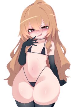 1girl aisaka_taiga bikini black_bikini black_gloves black_thighhighs blush brown_eyes brown_hair cameltoe choker collarbone flat_chest gloves hand_to_own_mouth highleg highleg_bikini kukuchi581 loli long_hair looking_at_viewer mesugaki micro_bikini navel open_mouth smile standing swimsuit thick_thighs thighhighs thighs toradora! white_background wide_hips