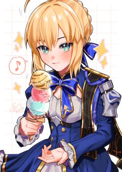 Rule 34 | 1girl, ahoge, aqua eyes, armor, artoria pendragon (fate), blonde hair, blue bow, blue bowtie, blue dress, bow, bowtie, braid, breasts, buttons, checkered background, cleavage cutout, closed mouth, clothing cutout, commentary request, cowboy shot, dress, eating, fate/stay night, fate/unlimited blade works, fate (series), fingernails, food, frills, gold trim, hair between eyes, hair bow, hands up, highres, holding, holding food, holding ice cream, holding ice cream cone, honkai: star rail, honkai (series), huge ahoge, ice cream, ice cream cone, juliet sleeves, long sleeves, looking at viewer, mandarin collar, medium breasts, mogumogu 096, musical note, puffy sleeves, saber (fate), saber (honkai: star rail) (fate), short hair, shoulder armor, sidelocks, solo, sparkle, sparkling eyes, speech bubble, spoken musical note, standing, two-tone dress, white background, white dress