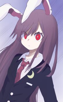 1girl ameshi_(rzuw4482) animal_ears blazer closed_mouth collared_shirt commentary crescent crescent_pin highres jacket long_hair long_sleeves looking_at_viewer necktie purple_hair rabbit_ears rabbit_girl red_eyes red_necktie reisen_udongein_inaba shirt solo touhou upper_body very_long_hair white_shirt