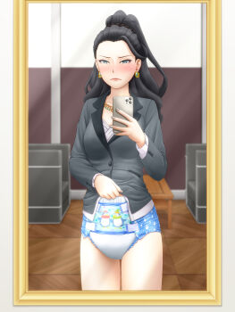 1girl black_hair blue_eyes blurry blurry_background blush cellphone clothes_lift cowboy_shot diaper dress_shirt earrings executive_mishiro female_focus frown god_hand_mar grey_nails grey_shirt holding holding_phone idolmaster idolmaster_cinderella_girls jewelry lifting_own_clothes long_sleeves looking_at_viewer mirror nail_polish necklace penguin_print phone print_diaper reflection reflection_focus shirt shirt_lift smartphone sweat
