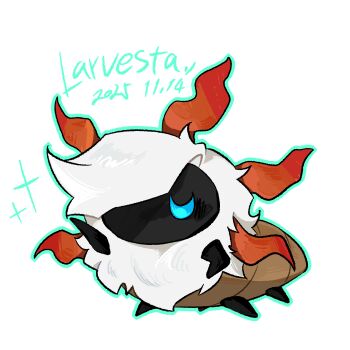 Rule 34 | animal focus, blue eyes, blue outline, bug, character name, closed eyes, dated, foreigner (pixiv 119387446), gen 5 pokemon, grey hair, hair over one eye, hand on own hip, larvesta, nintendo, no humans, one eye covered, outline, pokemon, pokemon (creature), simple background, smug, solo, sparkle, u u, white background