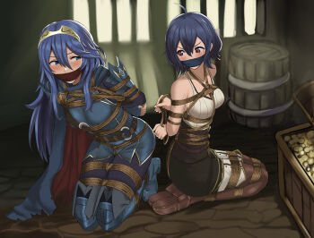 2girls bdsm blue_eyes blue_hair bondage bound breasts captured commission female_morgan_(fire_emblem) fire_emblem fire_emblem_awakening fleeing highres indoors long_hair lucina_(fire_emblem) medium_breasts mother_and_daughter multiple_girls nintendo rope short_hair smoobyrope tiara
