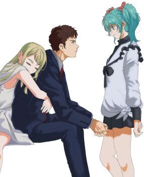1boy 2girls aqua_hair blonde_hair blue_eyes brown_hair dress earrings gigi_andalusia gundam gundam_hathaway&#039;s_flash hathaway_noa highres hug hug_from_behind jacket jewelry long_hair long_sleeves makuramoto_(5ma6gicha) multiple_girls necktie quess_paraya shirt short_hair simple_background sitting skirt smile twintails white_background white_dress